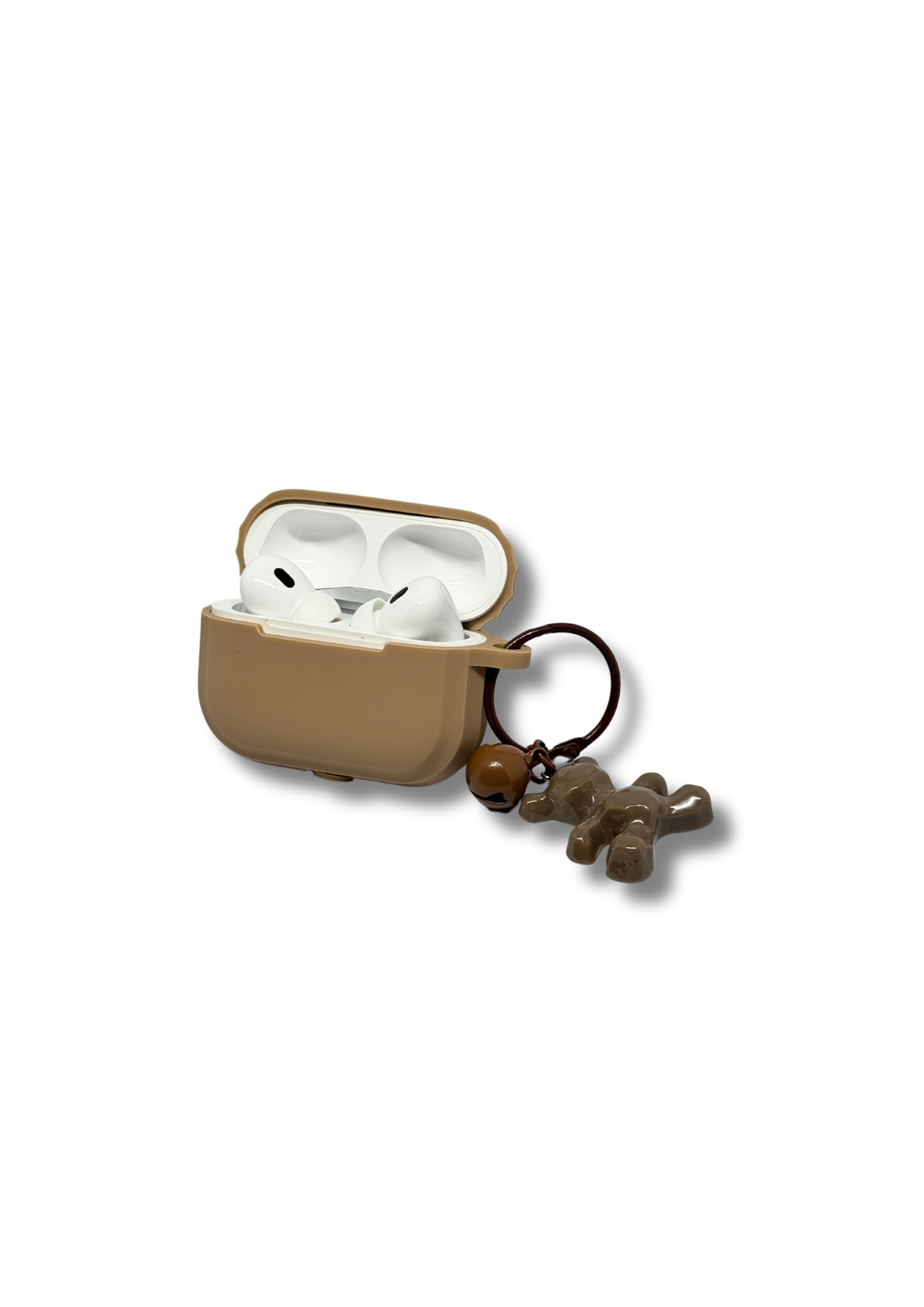 Minimalist Beige AirPods Case with Cute Teddy Charm – Soft Silicone Protective Cover for AirPods with Keychain Accessory