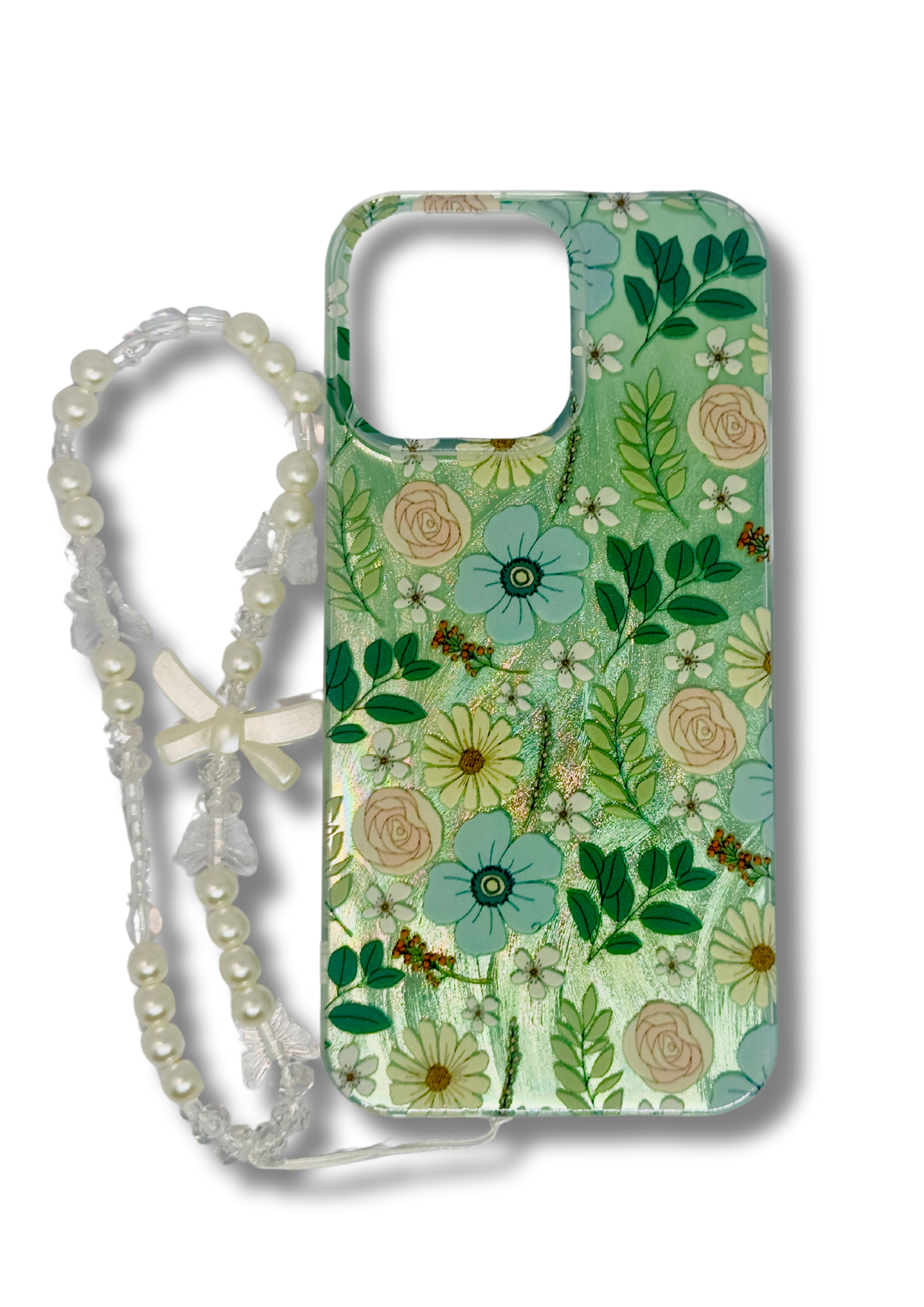 Mint Meadow Floral Silicone iPhone Case with Pearl Charm