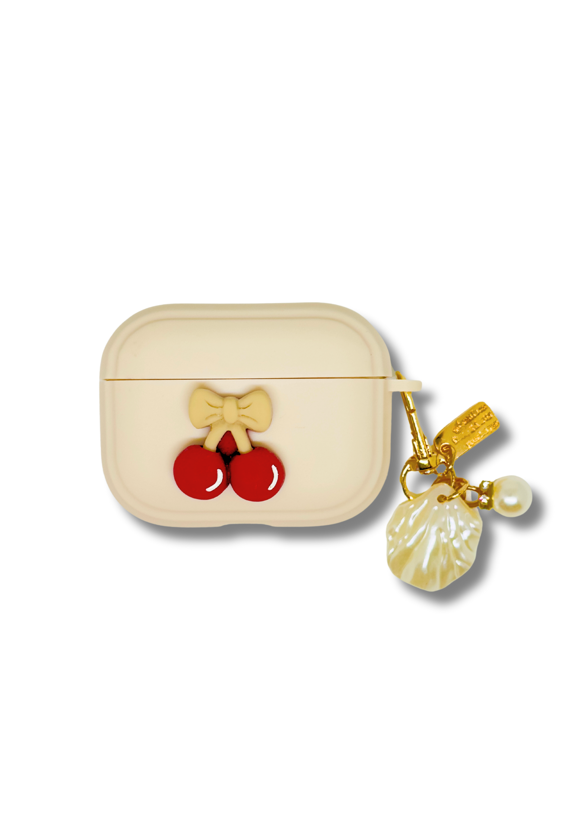 Beige AirPods Case with Cherry & Bow Design | Soft Silicone Cover with Pearl Charm