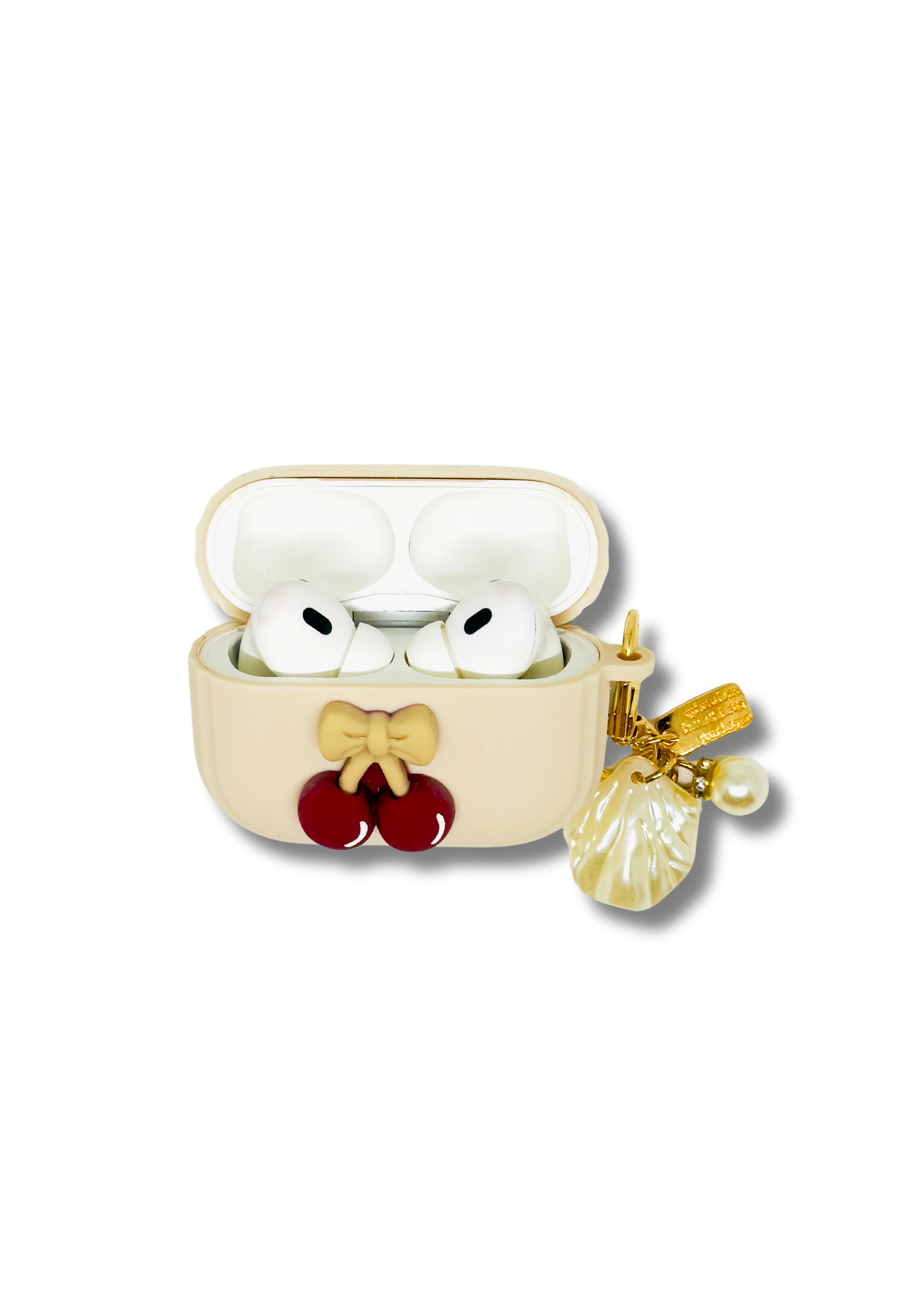 Beige AirPods Case with Cherry & Bow Design | Soft Silicone Cover with Pearl Charm