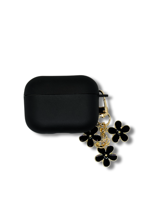 Black AirPods Case with Gold Flower Charm | Minimalist Protective Silicone Cover