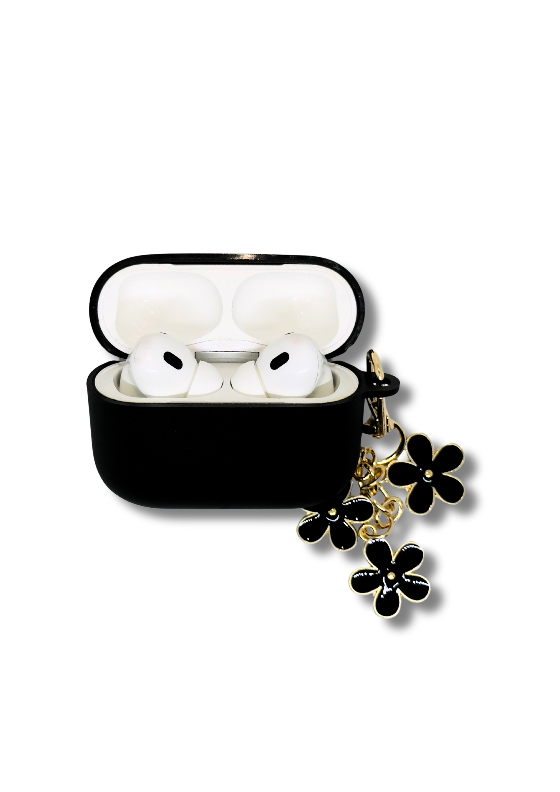 Black AirPods Case with Gold Flower Charm | Minimalist Protective Silicone Cover
